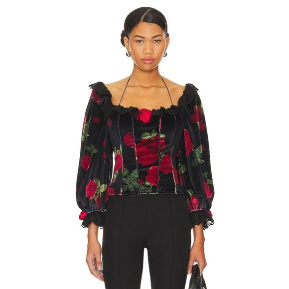 For Love & Lemons Black Red Rose Velvet Yara Top NWT $189 Size Medium - Picture 1 of 11